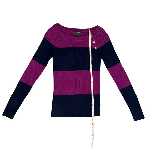 Ralph Lauren Women’s Striped Knit Sweater Magenta Navy Button Shoulder Sz Small - Picture 9 of 11